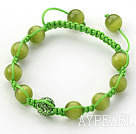 Yellow Green Series 10mm Round Cats Eye and Rhinestone Beads Adjustable Drawstring Bracelet