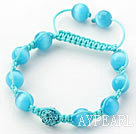Lake Blue Series 10mm Round Lake Blue Cats Eye and Rhinestone Beads Adjustable Drawstring Bracelet