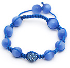 Sky Blue Series 10mm Round Cats Eye and Rhinestone Beads Adjustable Drawstring Bracelet