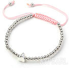 Round Metal Beads Woven Adjustable Drawstring Bracelet with Pink Thread