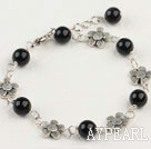 Wholesale Beautiful 8Mm Black Agate And Flower Charm Bracelet With Extendable Chain