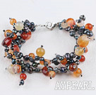 Multi Strand Black Freshwater Pearl And Round Red Agate Beaded Bracelet With Lobster Clasp