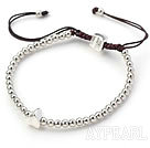 Round Metal Beads Woven Adjustable Drawstring Bracelet with Brown Thread
