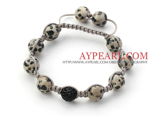 Gray Series 10mm Round Spots Stone and Rhinestone Beads Adjustable Drawstring Bracelet