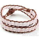 Two Rows Round Rose Quartz Beads Woven Wrap Bangle Bracelet with Metal Clasp