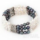 Popular 3-Row White And Black Freshwater Pearl Elastic Bracelet