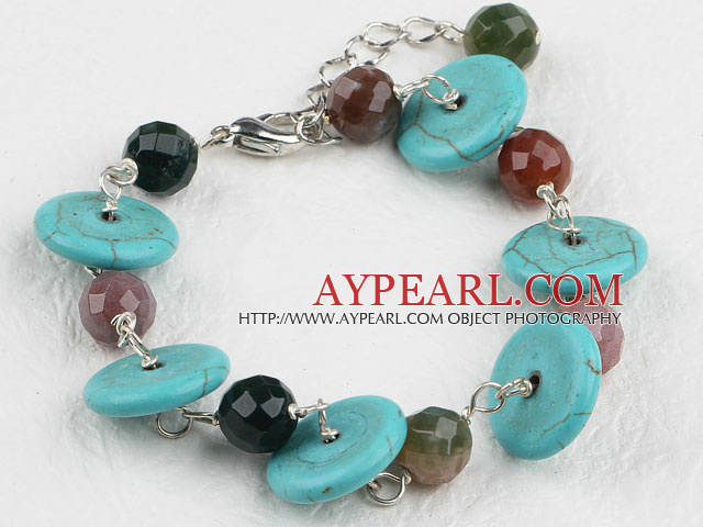 Beautiful Round Faceted Indian Agate And Blue Disc Turquoise Bracelet With Extendable Chain