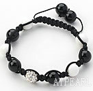 Black Series 10mm Round Black Agate and White Porcelain Stone and Rhinestone Beads Adjustable Drawstring Bracelet