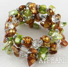Nice Golden And Apply Green Blister Pearl And White Crystal Wrap Elastic Stretch Bracelet Bangle