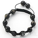 Black Series 10mm Round Obsidian and Rhinestone Beads Adjustable Drawstring Bracelet