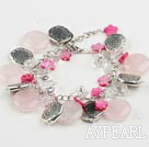 Elegant Flat Round Rose Quartz Pink Star Shape Shell White Crystal And Ccb Silver Like Metal Link Bracelet