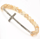 Light Yellow Series Yellow Quartz and Sideway/Side Way White Rhinestone Cross Stretch Bracelet