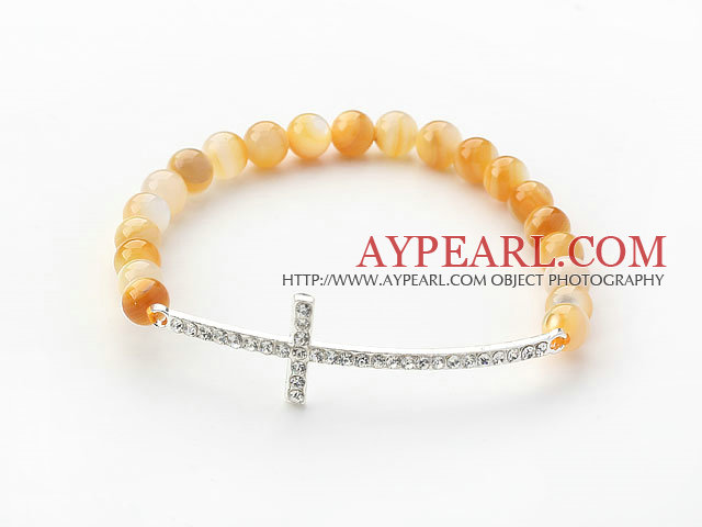Golden Series Golden Color Mother of Pearl and Sideway/Side Way White Rhinestone Cross Stretch Bracelet
