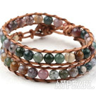Two Rows Round Indian Agate Beads Woven Wrap Bangle Bracelet with Metal Clasp