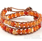 Two Rows Natural Color Agate Beads Woven Wrap Bangle Bracelet with Metal Clasp
