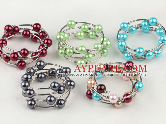 5 Pieces 5 Colors 12Mm Shell Beaded Wrap Thick Crochet Wired Bangle Bracelet