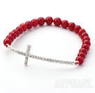 Wholesale Red Series 6mm Red Coral Beads and Sideway/Side Way White Rhinestone Cross Stretch Bracelet