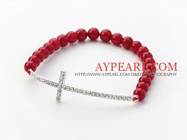 Red Series 6mm Red Coral Beads and Sideway/Side Way White Rhinestone Cross Stretch Bracelet