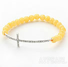 Yellow Series 6mm Yellow Jade and Sideway/Side Way White Rhinestone Cross Stretch Bracelet