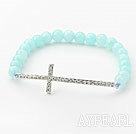 Light Blue Series 6mm Light Blue Jade and Sideway/Side Way White Rhinestone Cross Stretch Bracelet