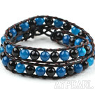 Two Rows Round Black and Blue Agate Beads Woven Wrap Bangle Bracelet with Metal Clasp