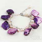 Discount Fashion White Freshwater Pearl And Purple Shell Loop Link Bracelet With Lobster Clasp