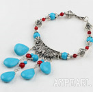 Wholesale Fashion Bloodstone And Teardrop Blue Turquoise Pendant Link Flower Metal Charm Bracelet