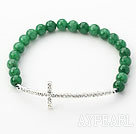 Wholesale Dark Green Series 6mm Dark Green Jade and Sideway/Side Way White Rhinestone Cross Stretch Bracelet
