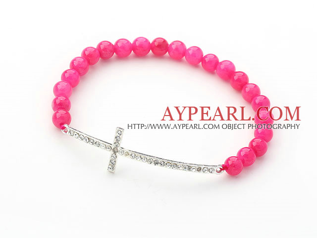 Hot Pink Series 6mm Hot Pink Jade and Sideway/Side Way White Rhinestone Cross Stretch Bracelet
