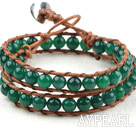 Two Rows Round Green Agate Beads Woven Wrap Bangle Bracelet with Metal Clasp
