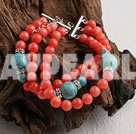 Beautiful 3 Strand Red Coral And Blue Turquoise Ball Beaded Bracelet