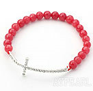 Red Series 6mm Red Jade and Sideway/Side Way White Rhinestone Cross Stretch Bracelet