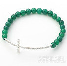 Dark Green Series 6mm Dark Green Agate and Sideway/Side Way White Rhinestone Cross Stretch Bracelet