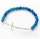 Wholesale Dark Blue Series 6mm Blue Agate and Sideway/Side Way White Rhinestone Cross Stretch Bracelet