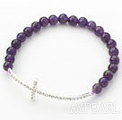 Purple Series 6mm Amethyst and Sideway/Side Way White Rhinestone Cross Stretch Bracelet