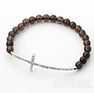 Brown Series 6mm Smoky Quartz and Sideway/Side Way White Rhinestone Cross Stretch Bracelet