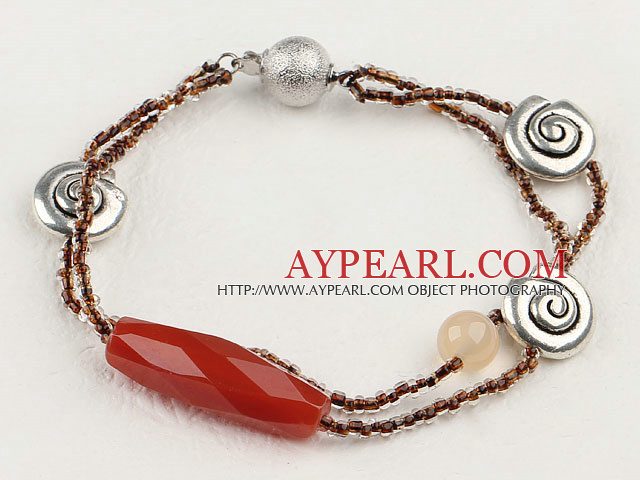 Nice 2-Strand Large Red Agate And Charm Beaded Bracelet With Ball Clasp 