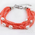 Wholesale multi strand orange coral and white pearl bracelet with extendable chain