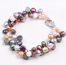 Fashion Multi Strand Multi Color Natural Freshwater Pearl Bracelet With Big Lobster Clasp