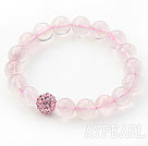Pink Series 10mm Round Madagascar Rose Quartz and Rhinestone Beaded Stretch Bracelet