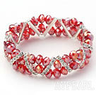 Two Rows Red Jade Crystal Stretch Bangle Bracelet with Rhinestone