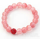 Wholesale Hot Pink Series 10mm Round Cherry Quartz and Rhinestone Beaded Stretch Bracelet
