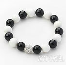 Black Series 10mm Round Black Agate and White Porcelain Stone and Rhinestone Beads Adjustable Drawstring Bracelet