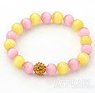 Wholesale 10mm Pink and Yellow Color Cats Eye and Rhinestone Beaded Stretch Bracelet