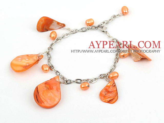 Fashion Orange Color Freshwater Pearl And Shell Link Bracelet With Extendable Chain