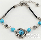 Vintage Round Blue Turquoise Donut Flower Metal Charm Bracelet With Extendable Chain