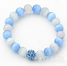 Wholesale 10mm Blue and Gray Color Cats Eye and Rhinestone Beaded Stretch Bracelet