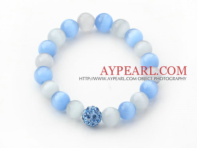 10mm Blue and Gray Color Cats Eye and Rhinestone Beaded Stretch Bracelet