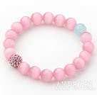 Wholesale 10mm Pink Color Cats Eye and Rhinestone Beaded Stretch Bracelet