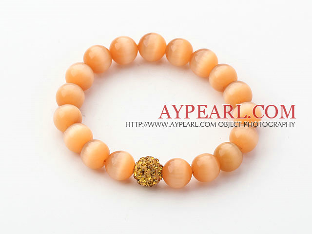 10mm Orange Color Cats Eye and Rhinestone Beaded Stretch Bracelet
